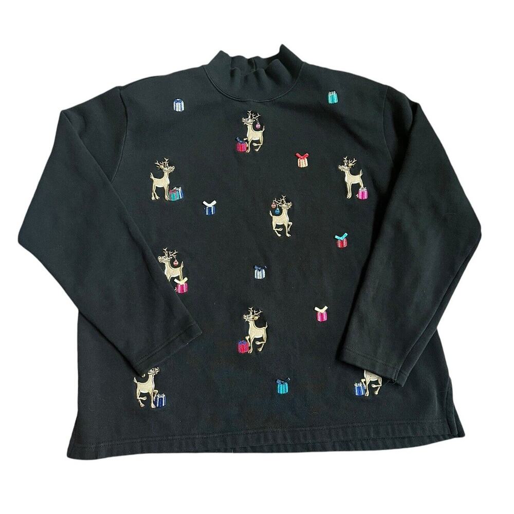 Black Christmas Ugly Sweater Sweatshirt Shoulder Pads Karen Scott Reindeer PL L
